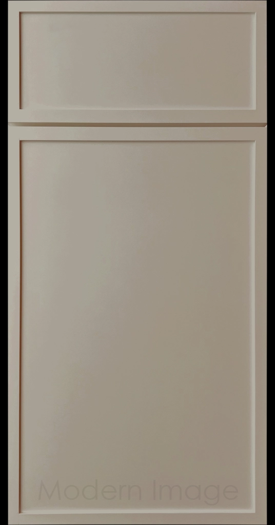 French Grey Arcadia shaker-style cabinet door, featuring slim stile and rail surrounding a flat center panel